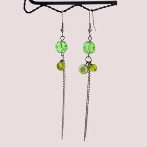 Green Beaded Dangle Earrings on Silver Tone Wires